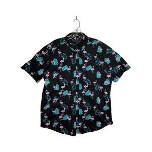 NO BOUNDARIES Black Flamingo Leaf Print Short Sleeve Button Up Shirt Mens Size L